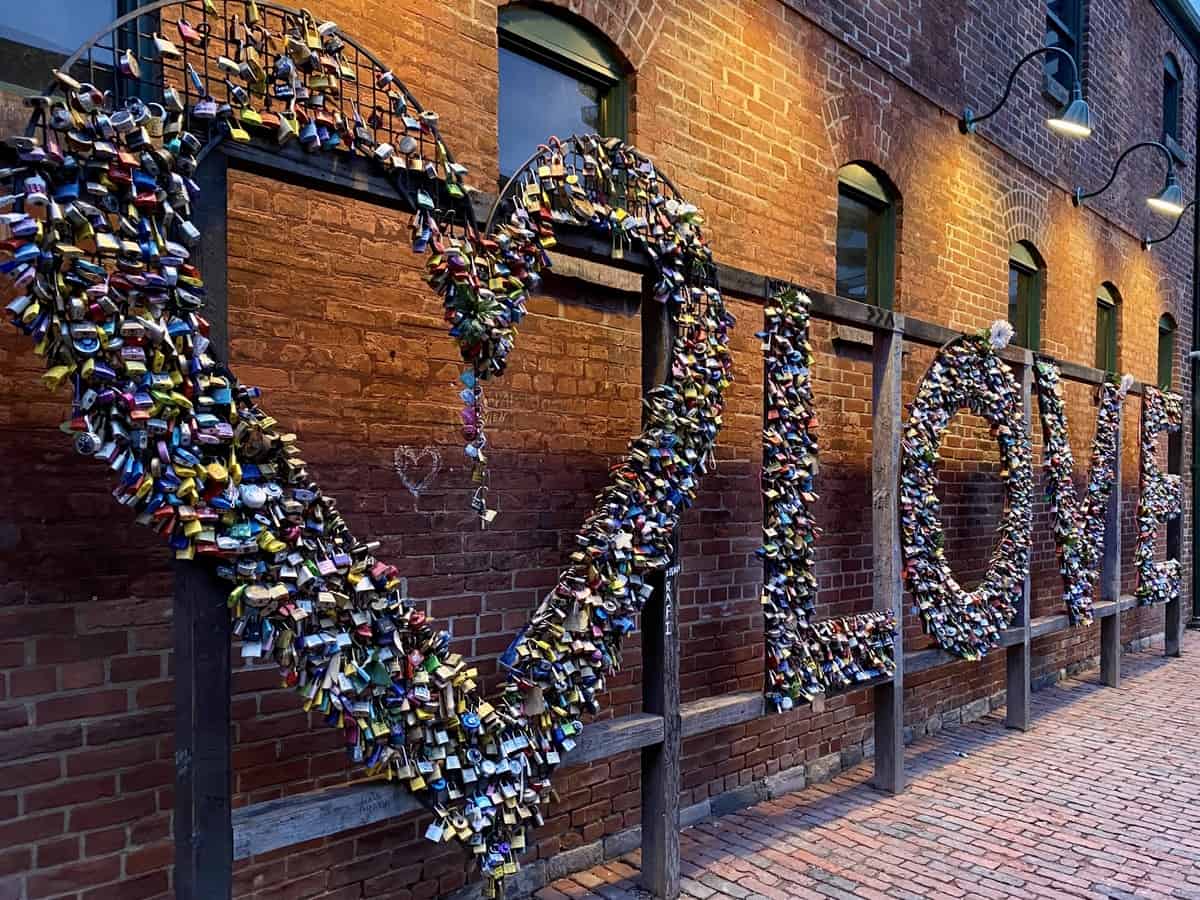 The LOVE Locks sculpture located at the Distillery District is covered in locks visitors have added. This sculpture is permanent and visitors can add a lock any time they visit.