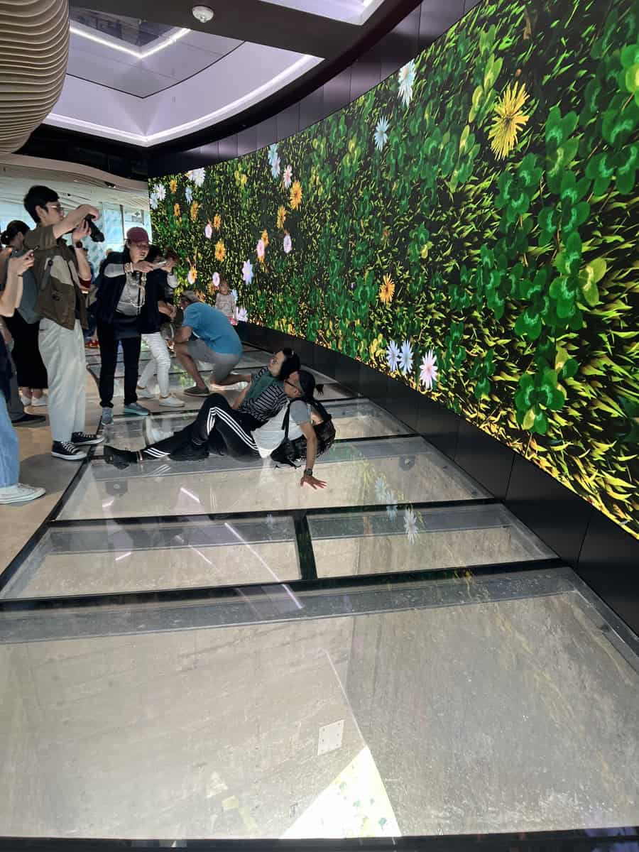 Visitors at the CN Tower enjoying the glass floor experience, looking down through the transparent panels to the ground far below. The curved wall displays a vibrant digital mural of flowers and greenery, adding a dynamic and colorful backdrop to the scene.